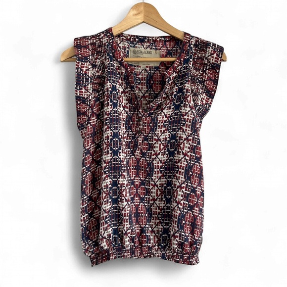 Chic Geometric Print Blouse - Navy and Burgundy - Picture 1 of 2